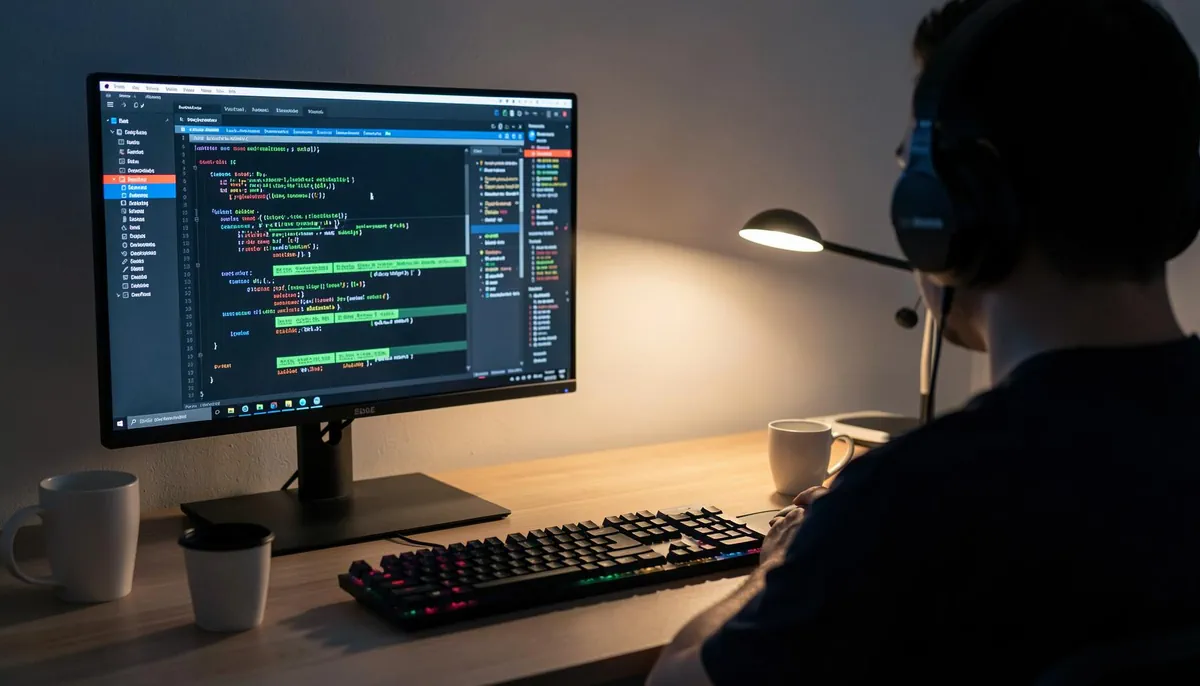 Developer working on a dual-monitor setup running CI/CD testing tools for DevOps automation and continuous integration workflows.