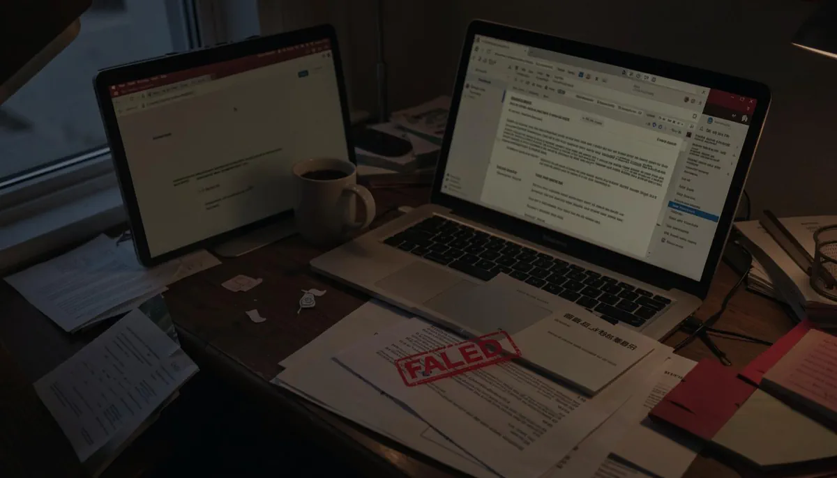A cluttered desk with a failed AI-generated report highlights the challenges of achieving reliable client-ready AI work in real-world settings.