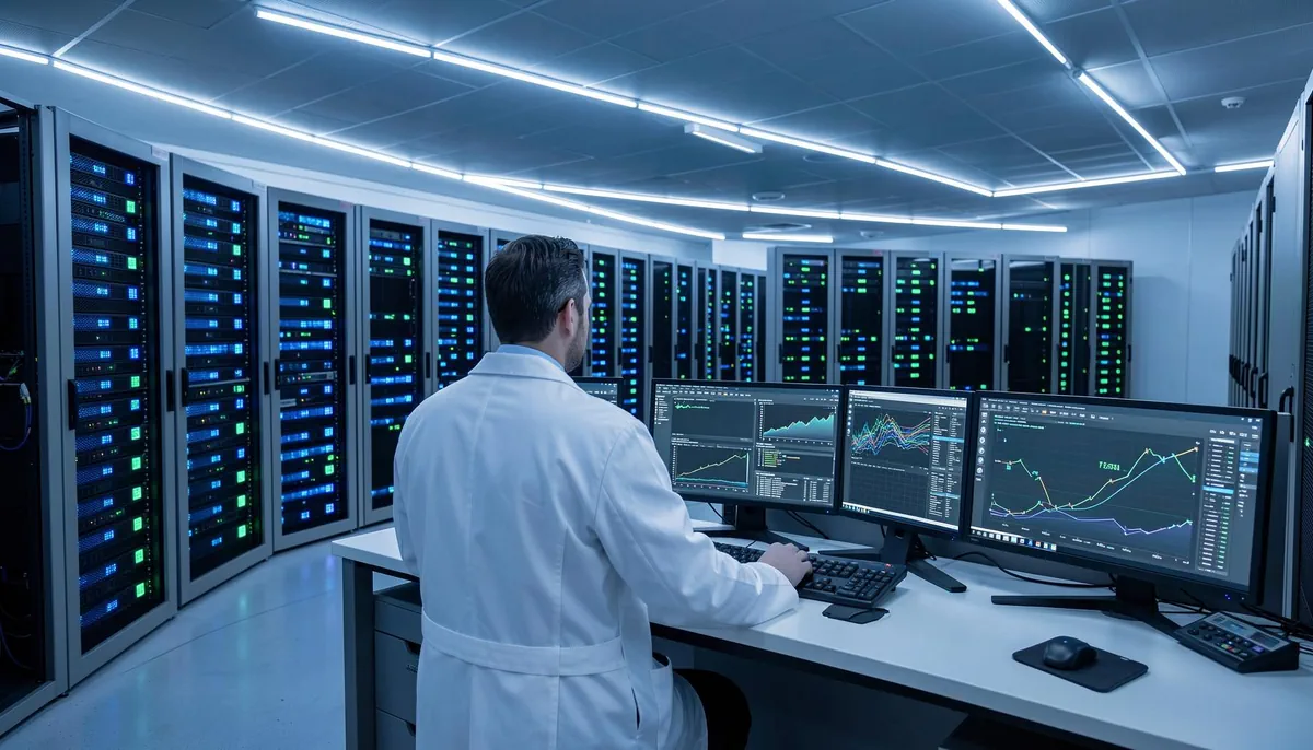 Data center with cloud infrastructure in a pharmaceutical research setting, illustrating cloud cost optimization for pharma 2026.