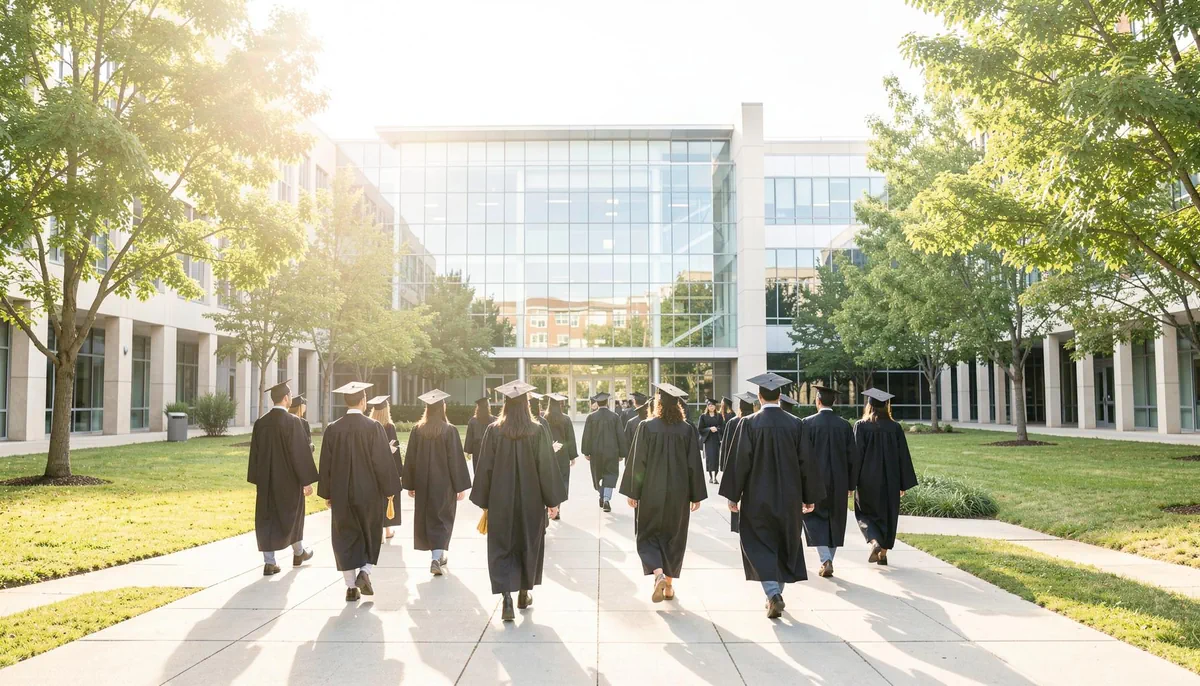Recent graduates in caps and gowns walking toward a modern glass building on a sunny campus, representing AI hiring 2026 opportunities.
