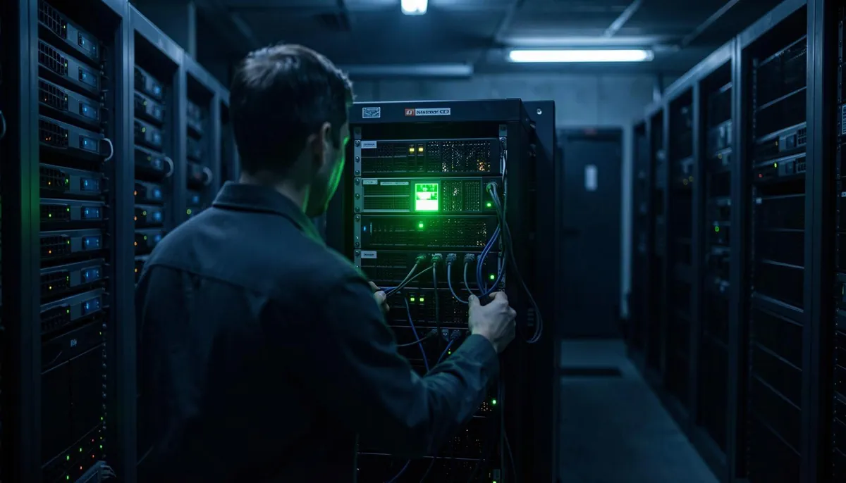 A server room at night with a lone technician working, symbolizing the challenge of achieving continuous automated optimization in enterprises