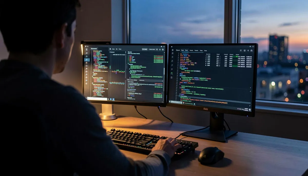 Home office setup with dual monitors displaying cybersecurity data, representing remote cybersecurity jobs and the 80% competence rule in action.