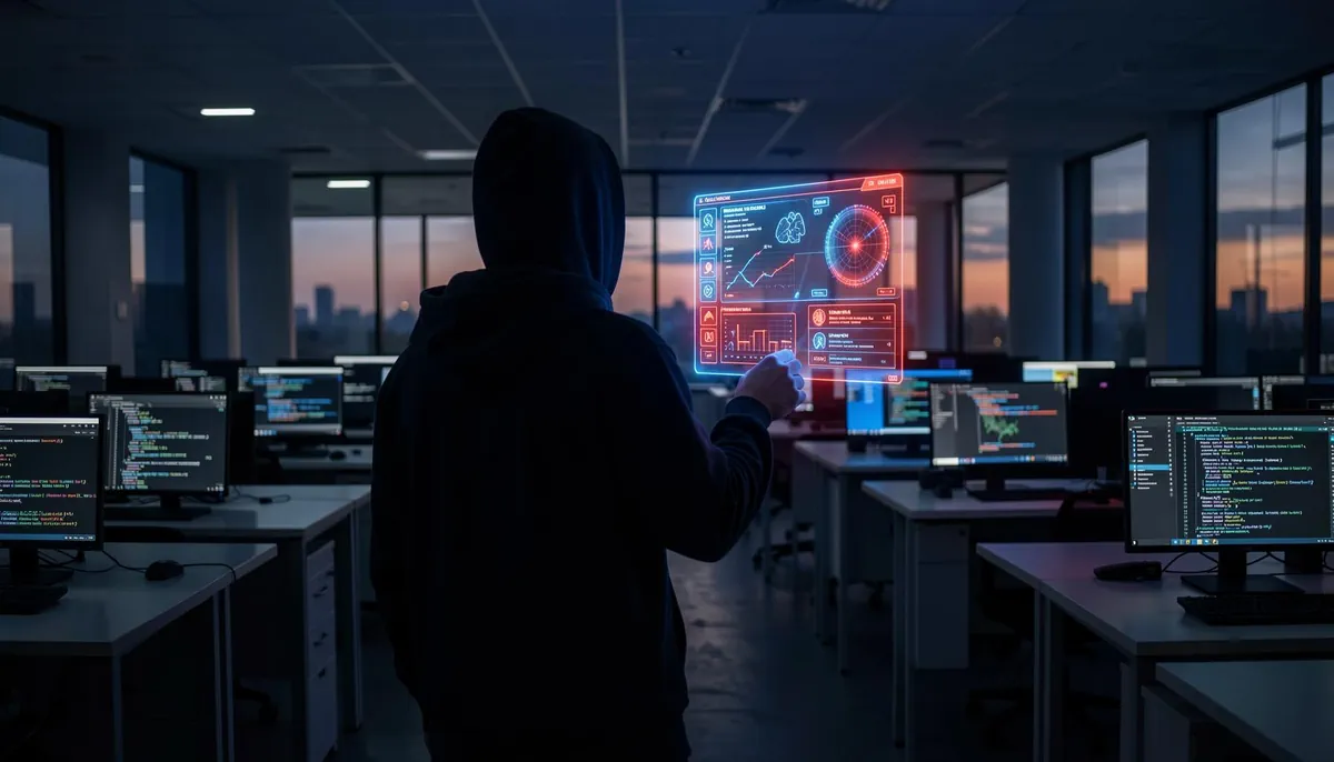 Silhouette of a cybersecurity professional facing a glowing holographic dashboard amid empty workstations, illustrating the cybersecurity skills gap 2025.