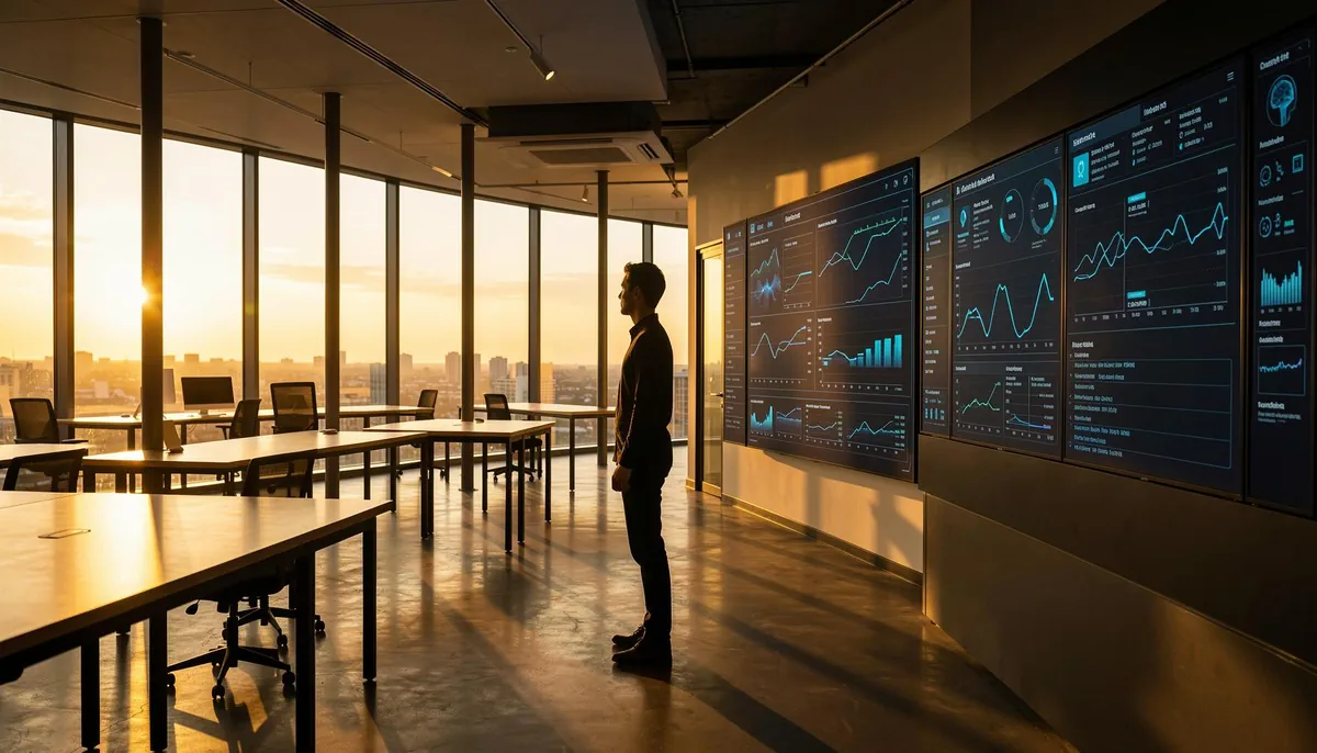 Silhouetted figure in a modern office facing a wall of glowing data dashboards, symbolizing the strategic role of data engineering leadership.