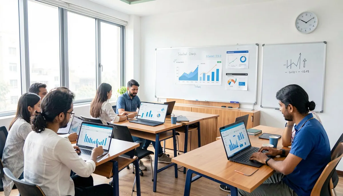 Adult learners in a Mumbai classroom engaging in a data science course for career switchers, using laptops and learning data analysis together.