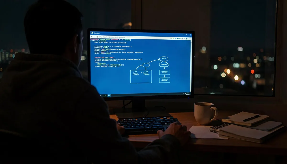 Home workspace setup with a glowing monitor displaying DevOps workflows, symbolizing remote DevOps careers and distributed engineering teams.
