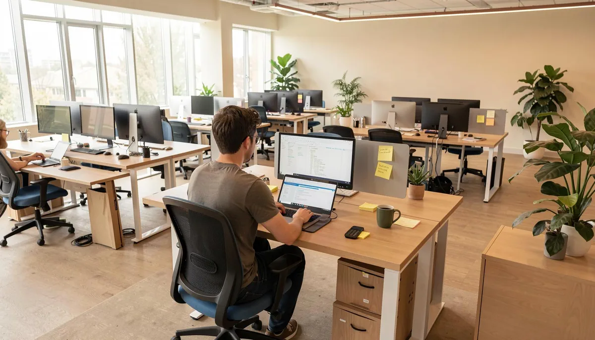 A remote developer working in a well-lit, modern workspace, illustrating a productive environment enabled by a developer experience platform.