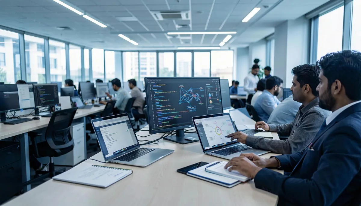 Tech professionals working in a government digital office in India, supporting Digital India recruitment initiatives for 2026 contract roles.