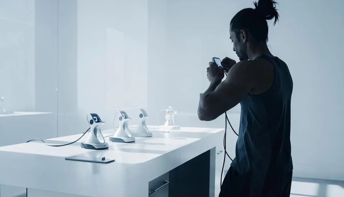Engineer in athletic wear calibrating a neural interface wearable in a high-tech lab, reflecting elite wearable tech hiring standards.