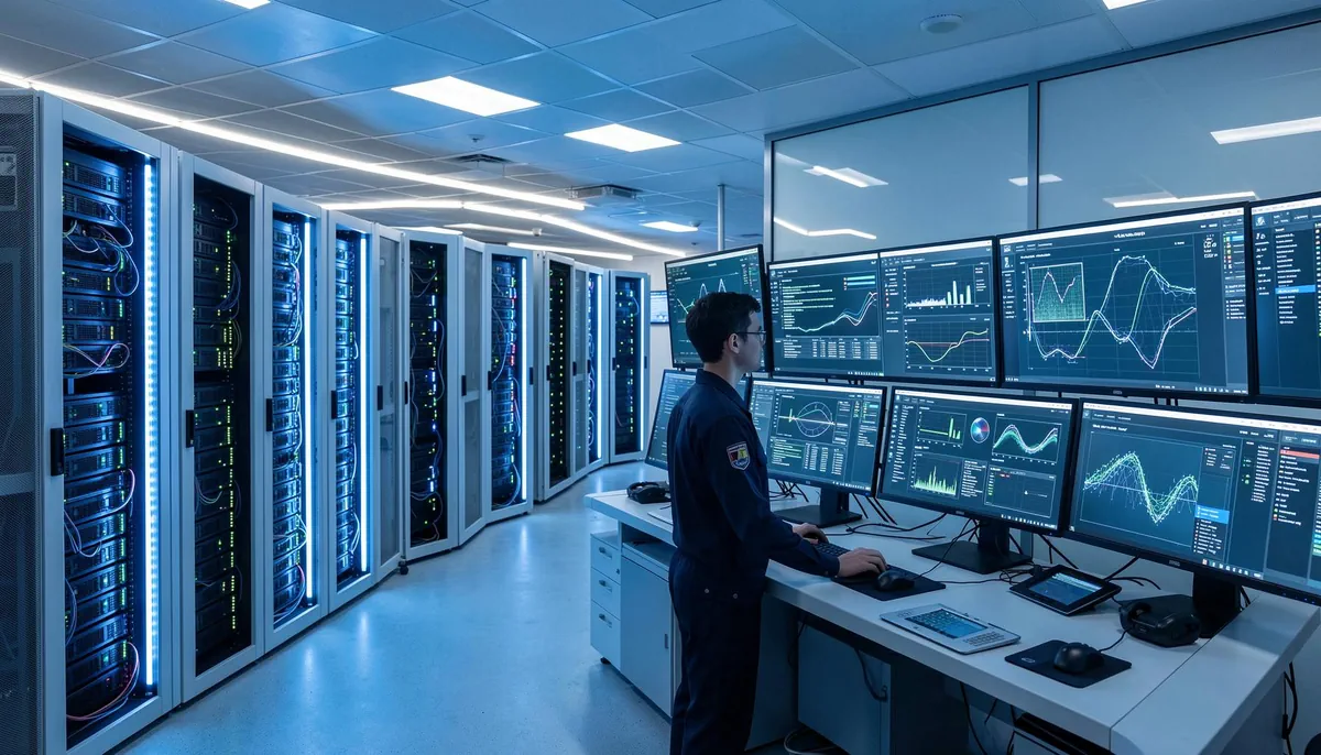 Data center with illuminated servers and a technician monitoring AI systems, representing enterprise AI platform jobs 2026.
