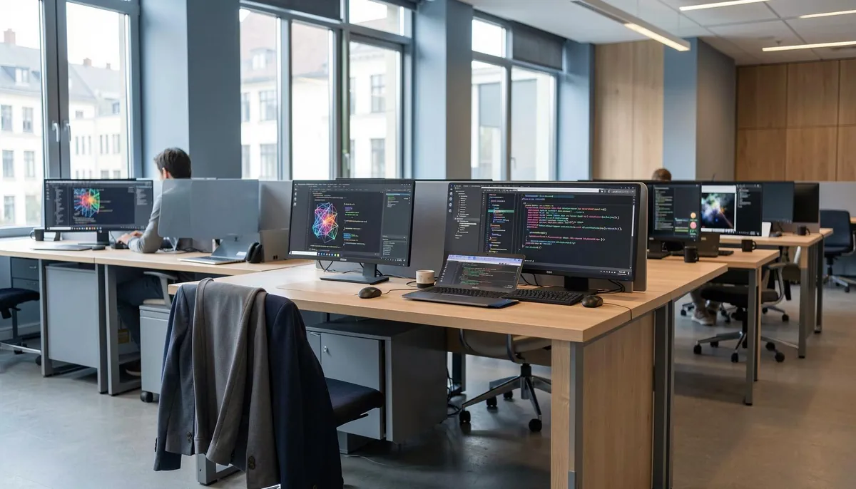 Workspace setup in Germany with dual monitors and coding screens, representing entry-level tech jobs 2026 opportunities in AI and software development.