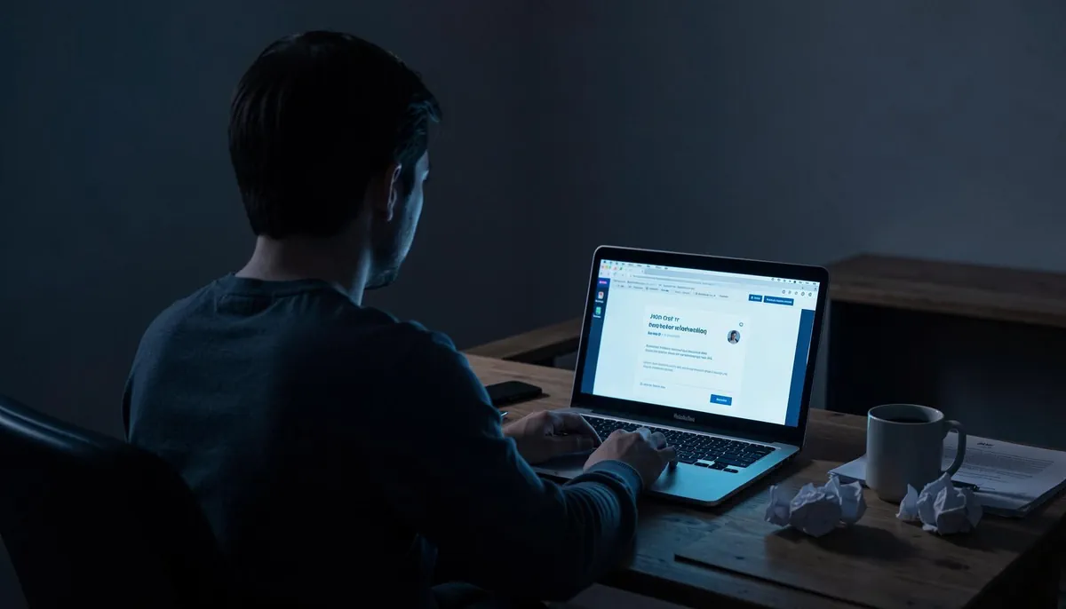 A candidate reviews a job offer in a quiet home office, highlighting the tension around ethical hiring in startups and transparent job offers in tech.