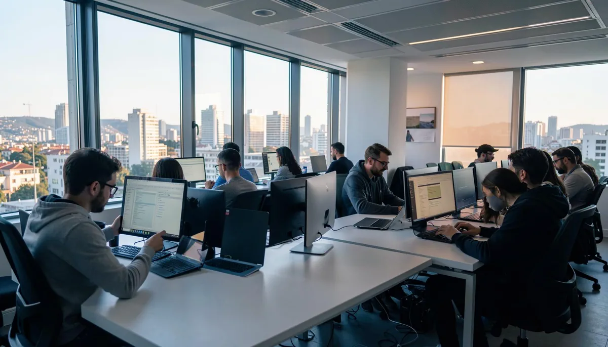 Interior of a tech co-working space in Greece, symbolizing new opportunities for foreign professionals under the EU Blue Card Greece and tech work visa programs.