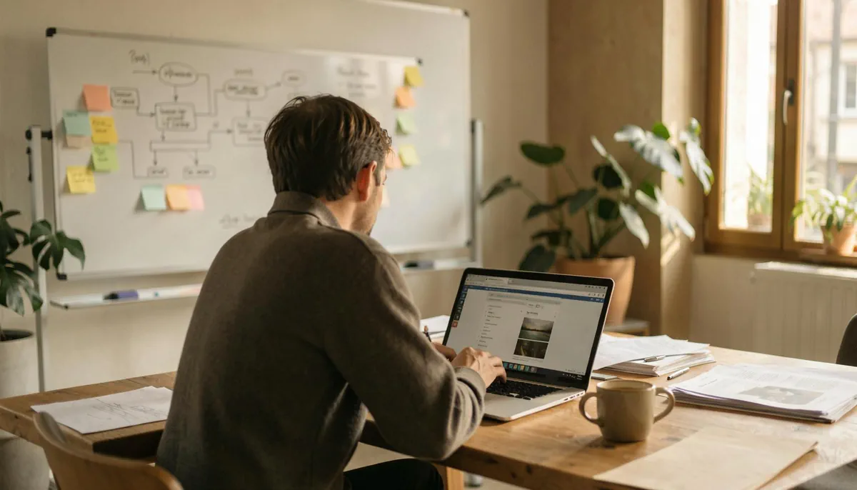 Developer working on open source grants for software supply chain security at a co-working space desk.