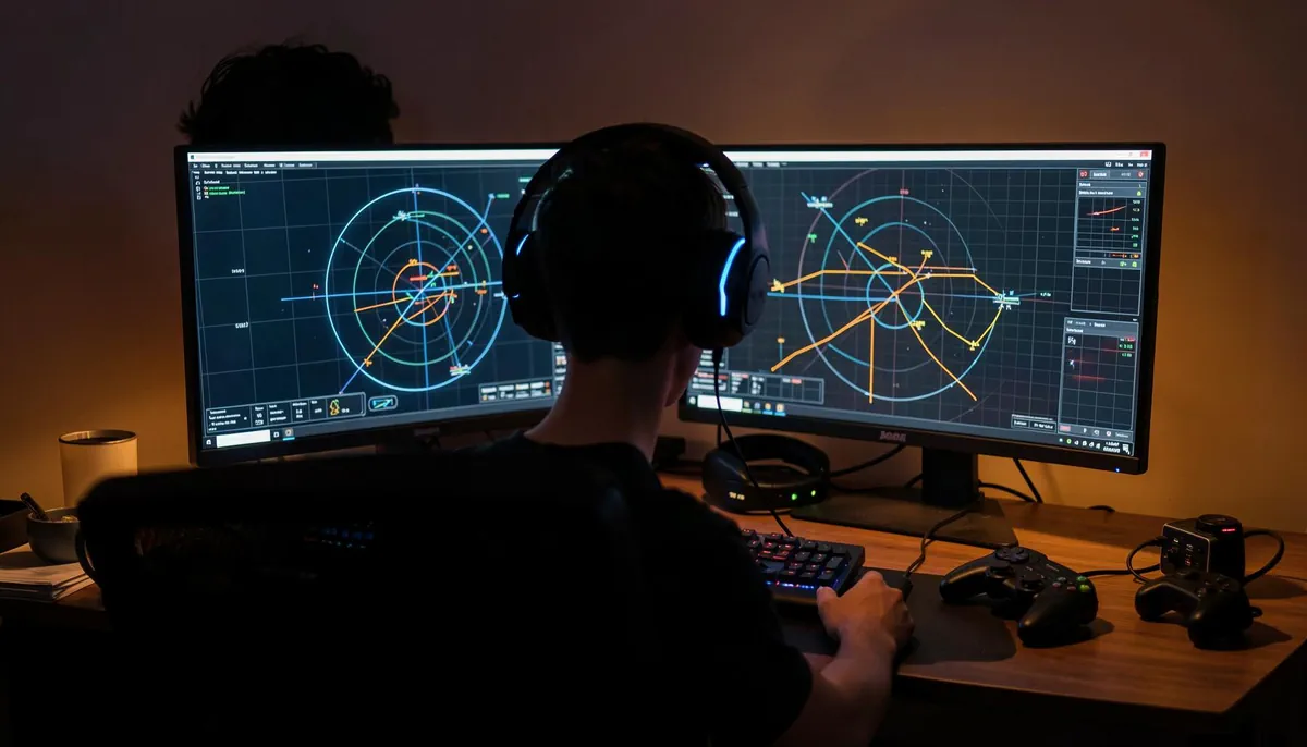 A gamer at a home setup with flight simulation monitors, illustrating how gaming skills are being leveraged for FAA air traffic controller roles in 2026.