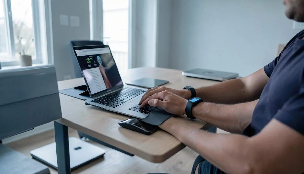 Remote health-tech engineering job setup with wearable tech and fitness tracking devices, reflecting fitness-tech hiring criteria 2026 standards.