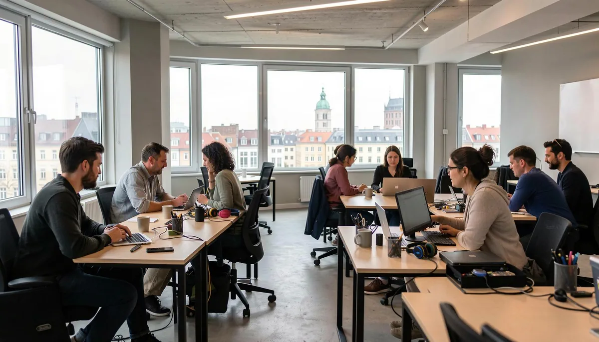 Diverse international tech professionals collaborating in a Berlin co-working space, highlighting Germany's push to attract skilled worker talent.