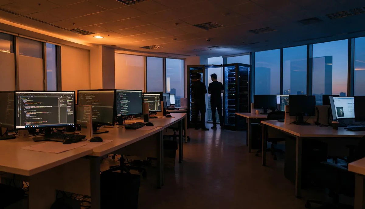 Forward-deployed engineer working in a dimly lit Chinese office with server racks and code on monitors, illustrating the surge in AI deployment jobs.