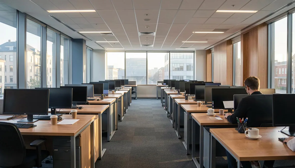 Empty office workspace in Tasmania ahead of a four day work week trial, reflecting public sector flexible work reforms in Australia