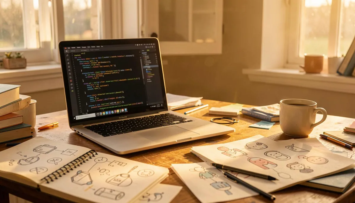 Home workspace of a freelance developer using AI tools to transition into healthcare related to freelance developer AI tools, symbolizing career change and tech-enabled growth.