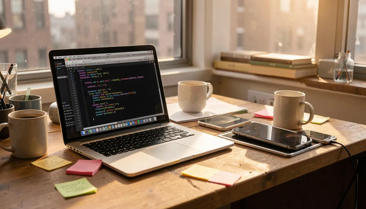 Home workspace of a freelance iOS developer, illustrating the environment of mobile development work and tech career demands.