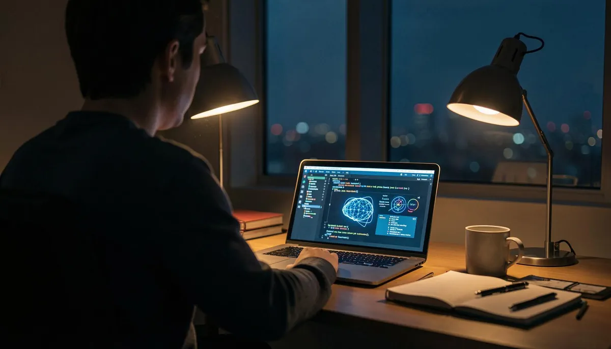 Freelance tech jobs in 2026: Developer working remotely at night, showcasing digital side hustles for coders in a quiet home office.