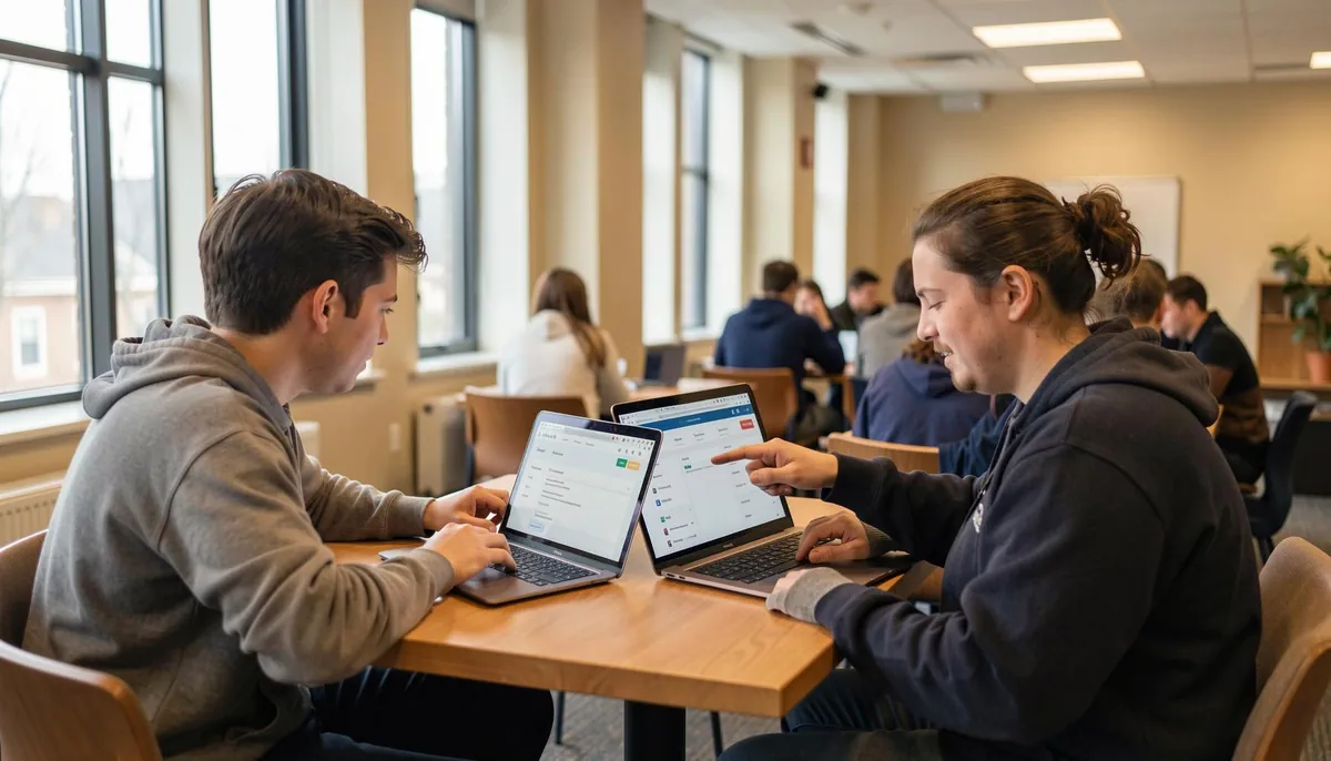 French-speaking students collaborate on laptops at Université de Hearst, pursuing bilingual tech careers and permanent residence in Canada.