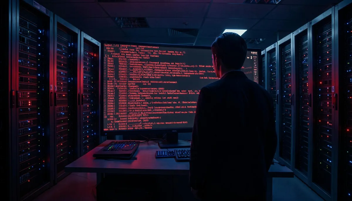 Engineer facing server racks with red error logs on monitor illustrating GitHub Actions capacity crisis