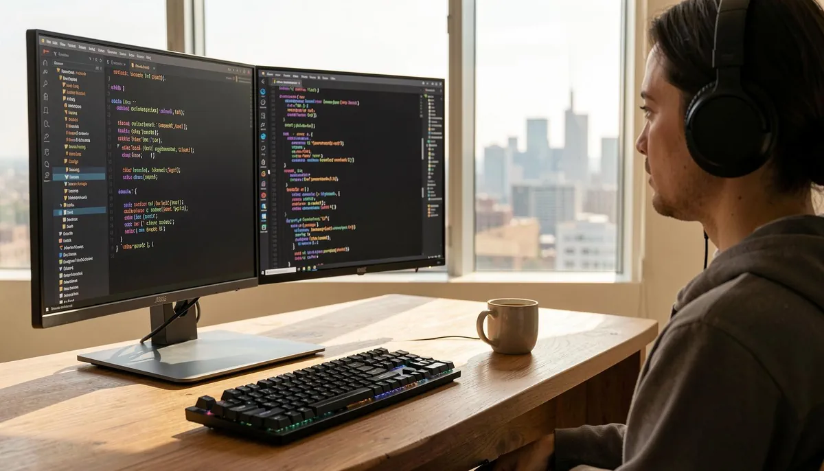 Home office setup with dual monitors displaying Go code, symbolizing high-demand remote Go developer jobs in 2026.