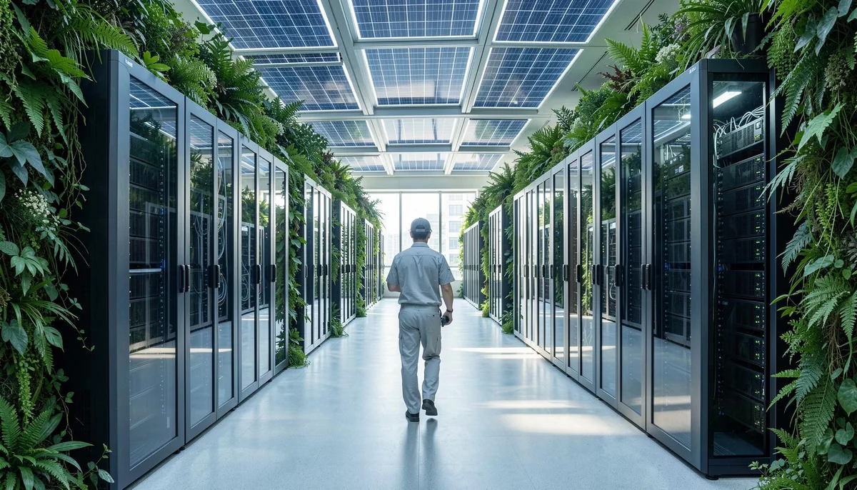 Interior of a sustainable data center in Japan with greenery and solar panels, highlighting growth in green data center jobs.