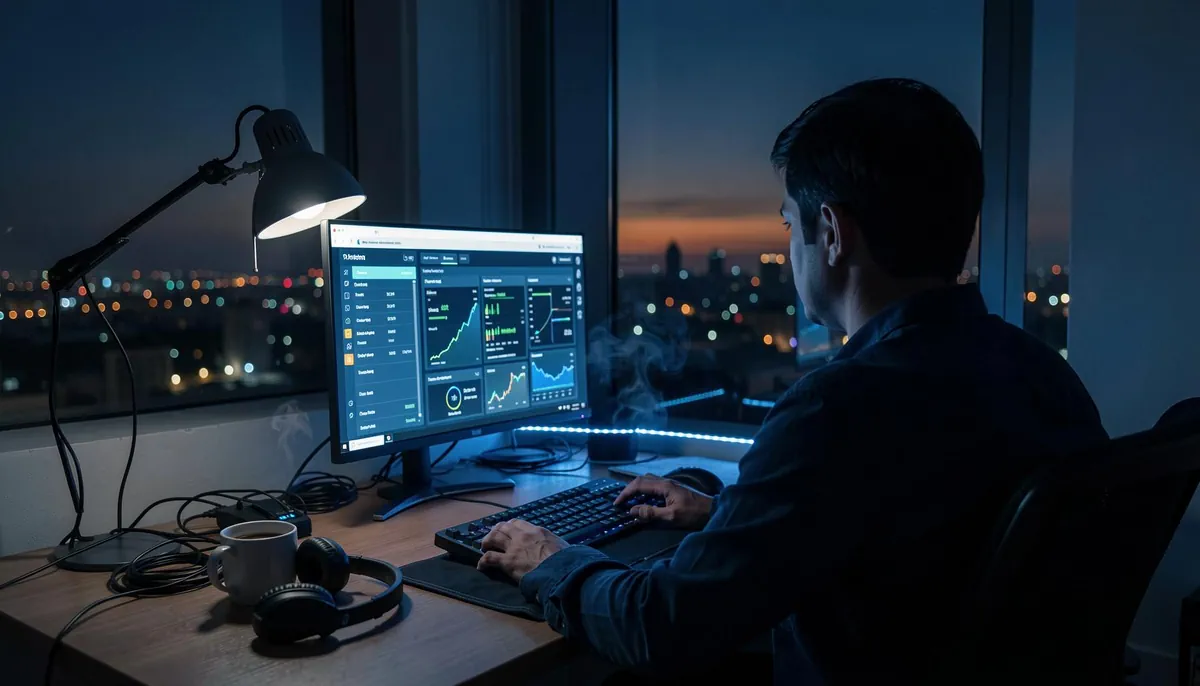 Remote cybersecurity professional working at night in a Gulf city, reflecting rising demand for digital security amid geopolitical tensions.