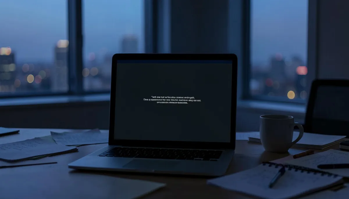 Laptop showing error page in a quiet home office, symbolizing disrupted access to H-1B visa employer data during the USCIS database outage.