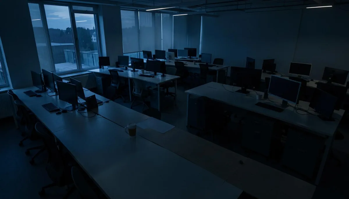 Empty office at twilight symbolizing the hidden cost of internal developer platform investment and lost innovation over time. — internal developer platform cost