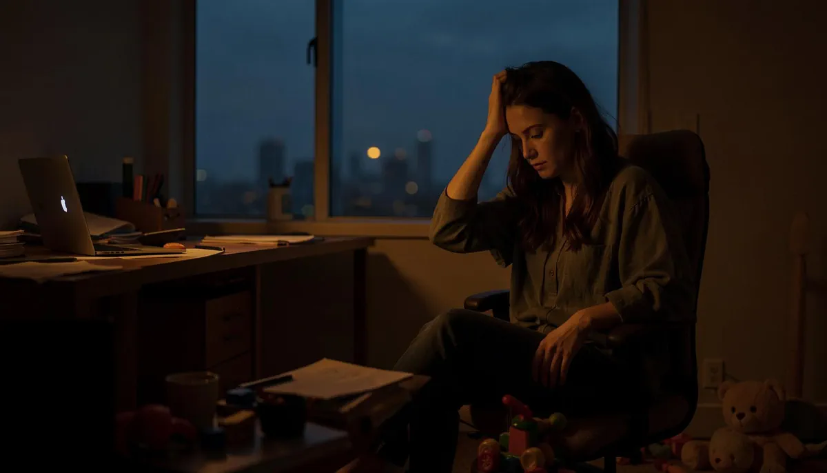 A working mother sits at her desk at home, torn between professional duties and family responsibilities amid JPMorgan's return-to-office policy.