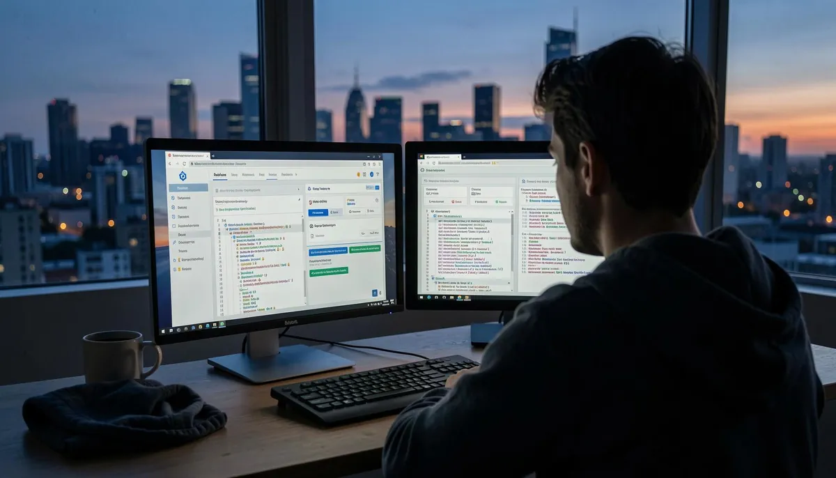 Home office setup with dual monitors showing Kubernetes dashboards, representing the rise of Kubernetes remote jobs in AI and cloud-native careers 2026.