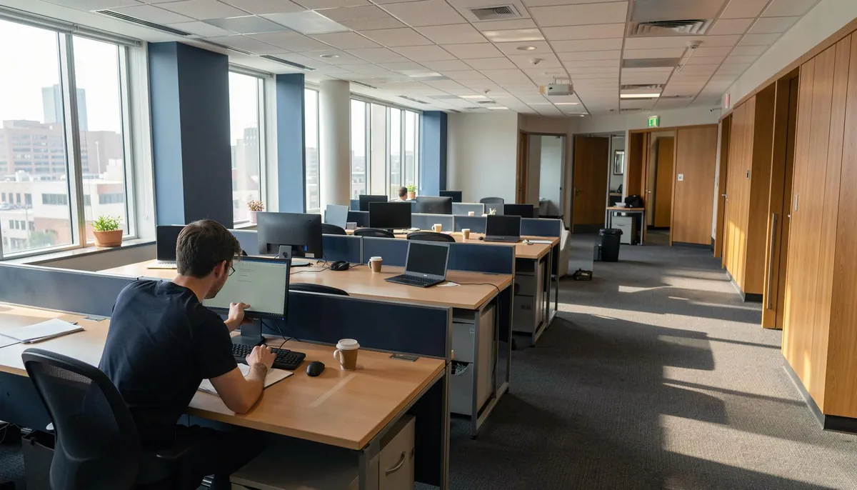 Empty office space in Lansing with signs of returning employees, reflecting the tech return to office trend in 2026.