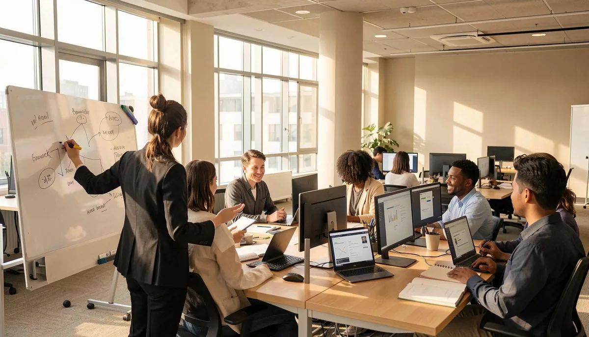 Team collaborating in a bright office setting, illustrating leadership in AI adoption through group learning and inclusive technology discussions.