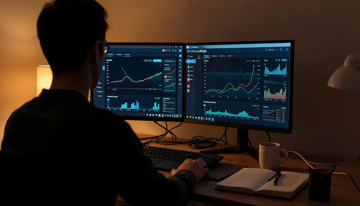 Developer working remotely with dual monitors displaying real-time AI analytics, representing LLMOps monitoring tools in action for remote AI observability jobs.