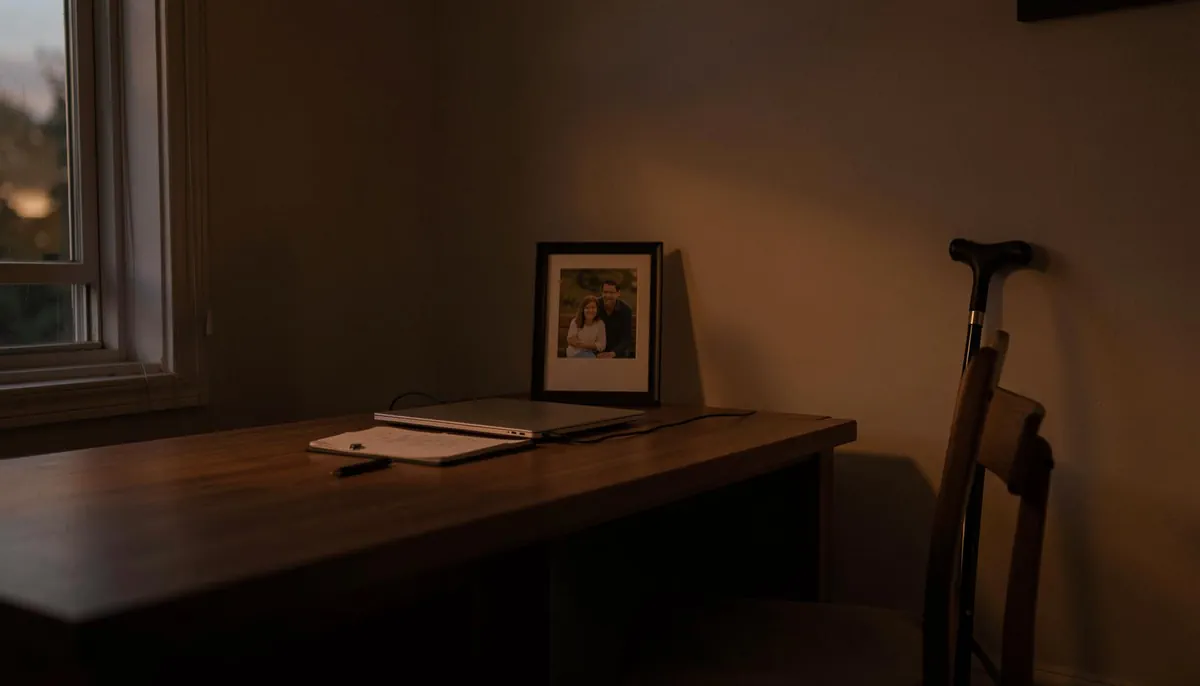 Empty home office with personal items and walking cane, symbolizing older remote workers affected by Meta age discrimination layoffs 2025.