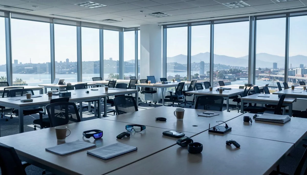 Empty office interior in San Francisco after Meta wearable tech job cuts, symbolizing the shift from metaverse to AI-driven wearable innovation.