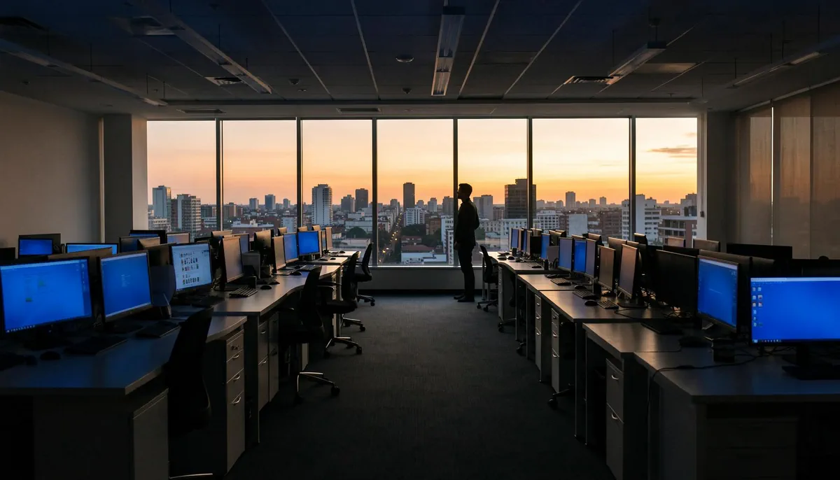Mexico job fatigue 2026 depicted by a lone worker silhouette in a dimly lit office with glowing monitors and city skyline at dusk