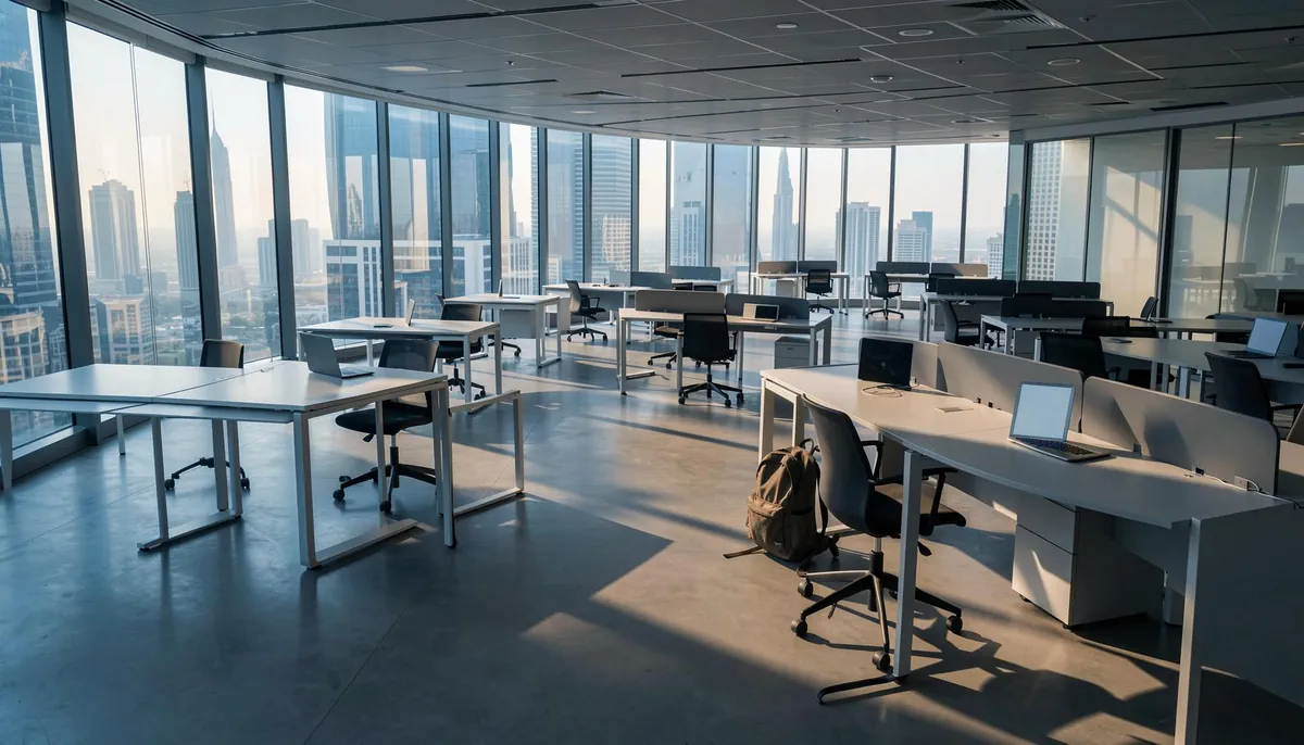 Empty office in a Dubai high-rise reflecting the Middle East tech hiring slowdown in 2026, with unoccupied desks and minimal activity.