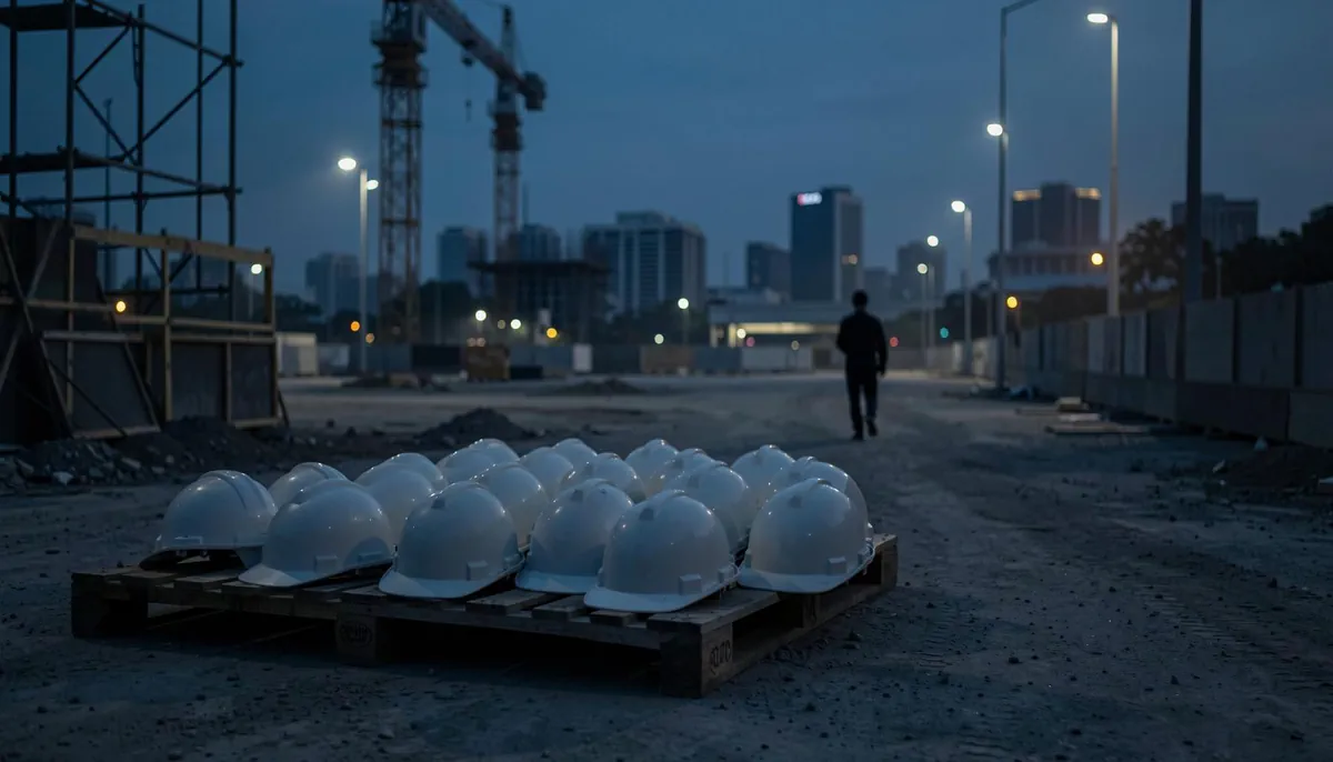 Construction site at dusk with a lone worker leaving, symbolizing the exclusion of migrant workers in Singapore from AI-driven workforce advancements.