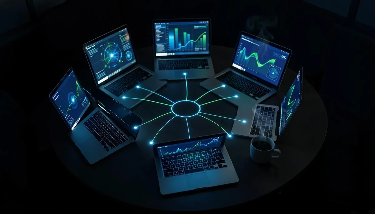 Overhead view of interconnected laptops representing AI agents collaborating via the Arbiter pattern in a dynamic coordination system.