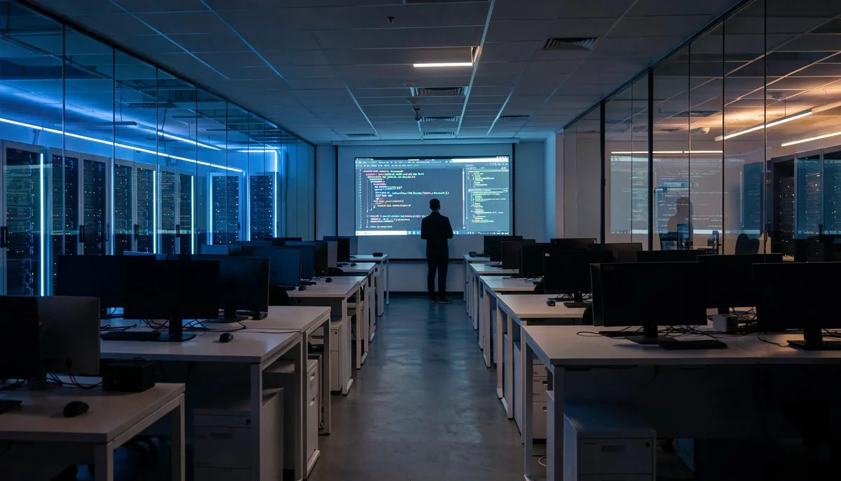 Developer silhouetted in a modern office with server racks and monitors, illustrating AI infrastructure jobs.