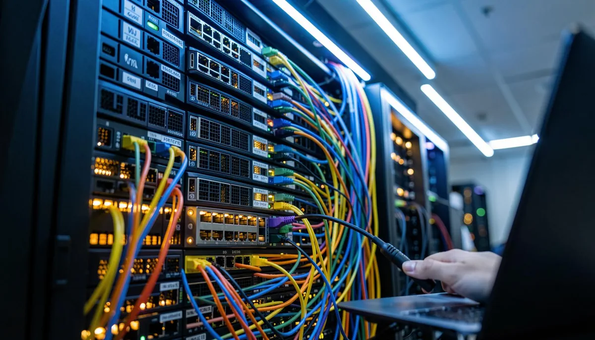 Data center rack with network switches and fiber connections, illustrating automated network deployment using CI/CD and network configuration as code.