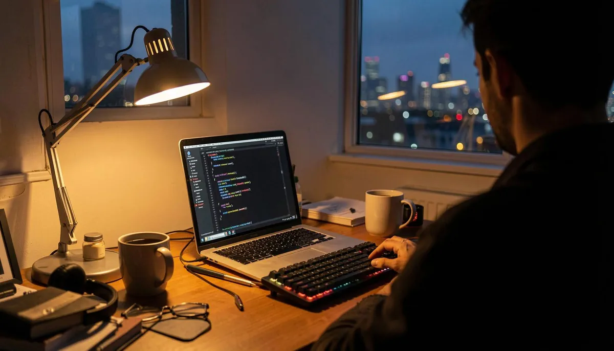 Home workspace setup for remote software engineering jobs, featuring a laptop with code, symbolizing tech careers without a degree.