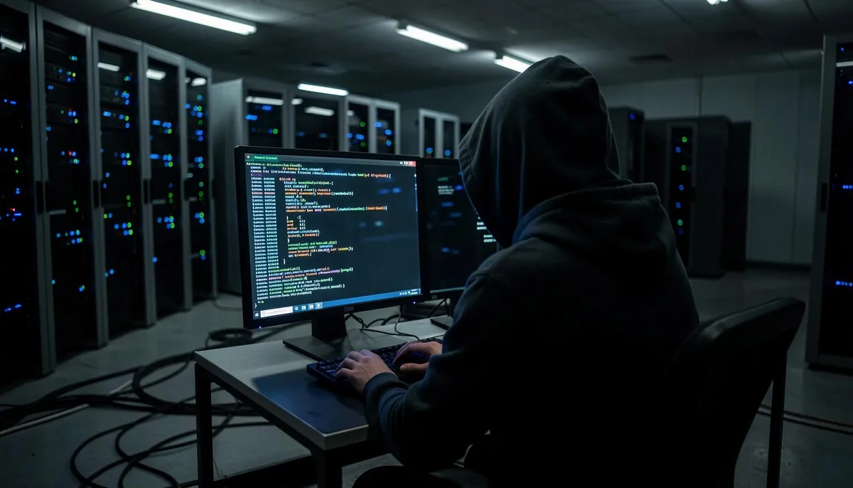 Server room workstation with terminal code glow, illustrating the growing threat of eBPF rootkit attacks and the need for stronger npm malware protection.