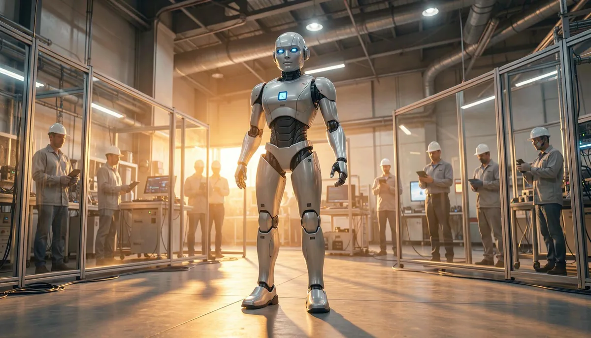 Humanoid robot in testing phase within a high-tech lab environment, showcasing advancements in Nvidia robotics engineering and embodied AI