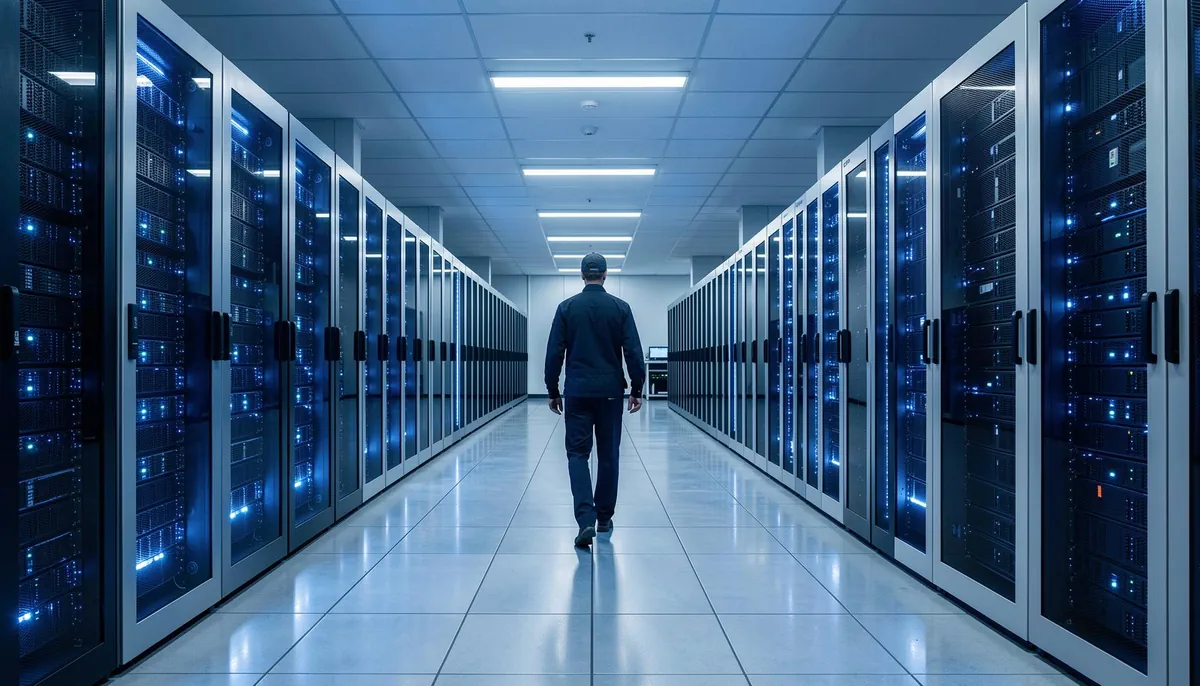 Oracle Cloud data center with illuminated server racks, symbolizing the shift toward AI-driven cloud infrastructure and remote tech jobs